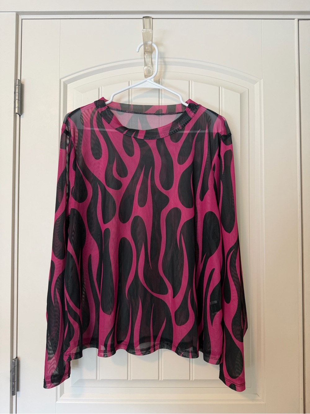SHEIN Black & Magenta Flame-Print Mesh Long Sleeve Top